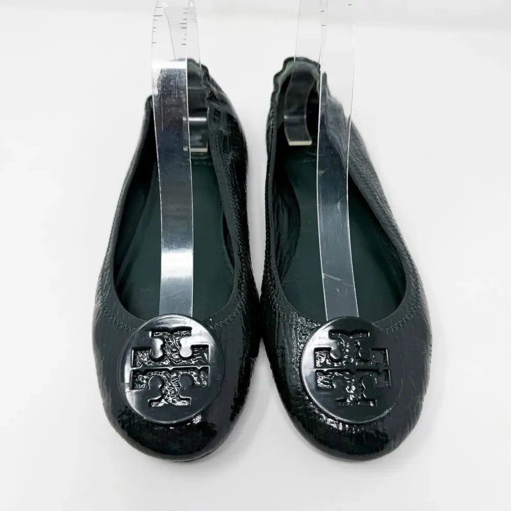Tory Burch Dark Green Crinkly Patent Leather Minnie Flats Size 8.5 T Logo Detail